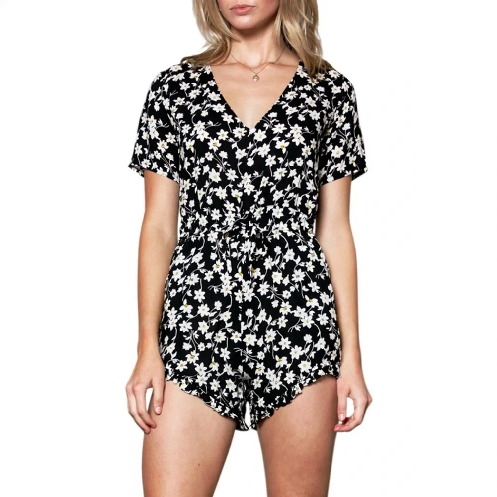 Free People x Anna Sui Daisy Floral Romper XS Black Boho Festival Short Sleeve